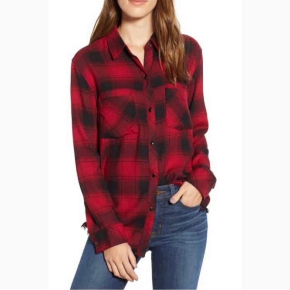 Cloth & Stone Red/Black Plaid Buffalo Button Down Raw Hem Shirt Small